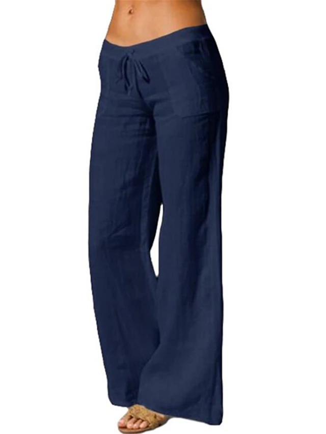 Women's Wide Leg Pants Trousers Baggy Full Length Cotton Faux Linen ...