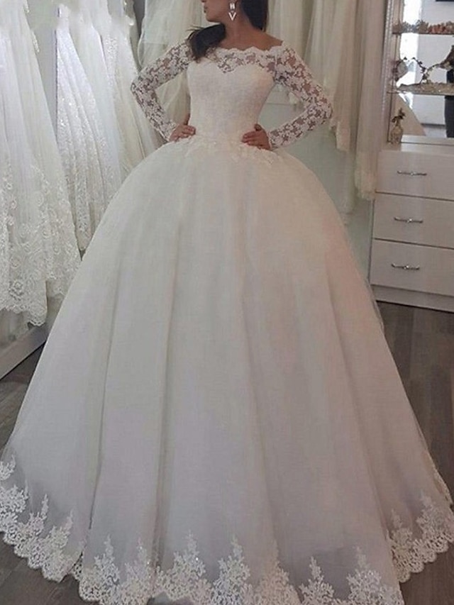  Princess Ball Gown Wedding Dresses Jewel Neck Sweep / Brush Train Lace Tulle Long Sleeve Formal Romantic Luxurious with Pleats Appliques 2022
