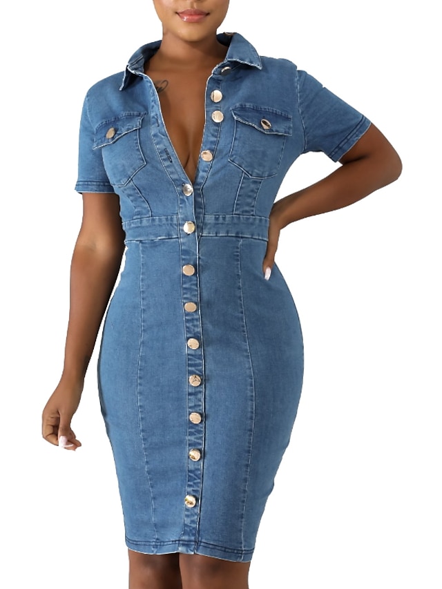 Women's Denim Dress Knee Length Dress Light Blue Short Sleeve Solid ...