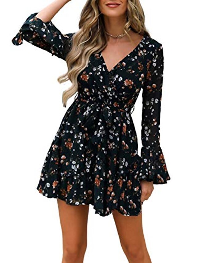 Womens Clothing Womens Dresses | Womens Swing Dress Short Mini Dress Black Red 3/4 Length Sleeve Floral / Botanical Spring & Sum