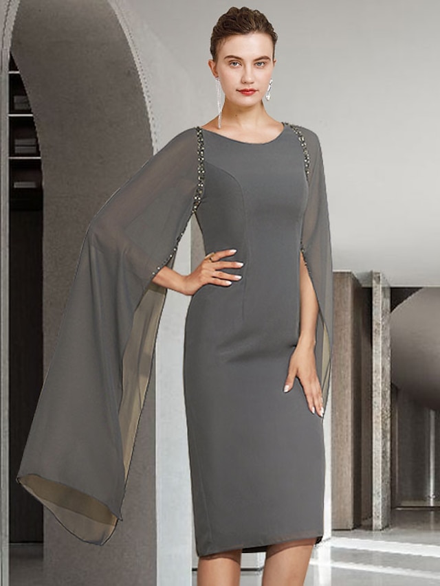  מעטפת \ עמוד שמלה לאם הכלה  אלגנטית עם תכשיטים באורך  הברך שיפון שרוול ארוך עם חרוזים 2023