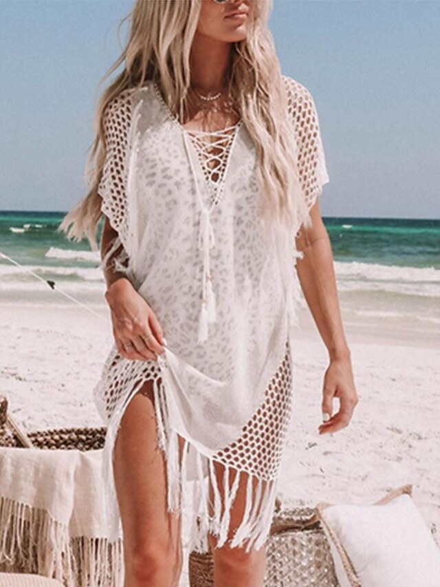  Women's Swimwear Cover Up Normal Swimsuit Modest Swimwear Crochet Solid Colored White Black Bathing Suits