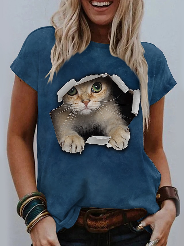  Dam T-shirt Gul Blå Mörkgrå Grafisk Katt Mönster Kortärmad Dagligen Helgen Grundläggande Rund hals Normal 3D Cat S