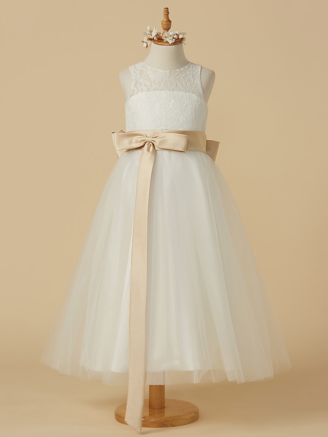  A-Line Ankle Length Flower Girl Dress First Communion Cute Prom Dress Lace with Sash / Ribbon Fit 3-16 Years