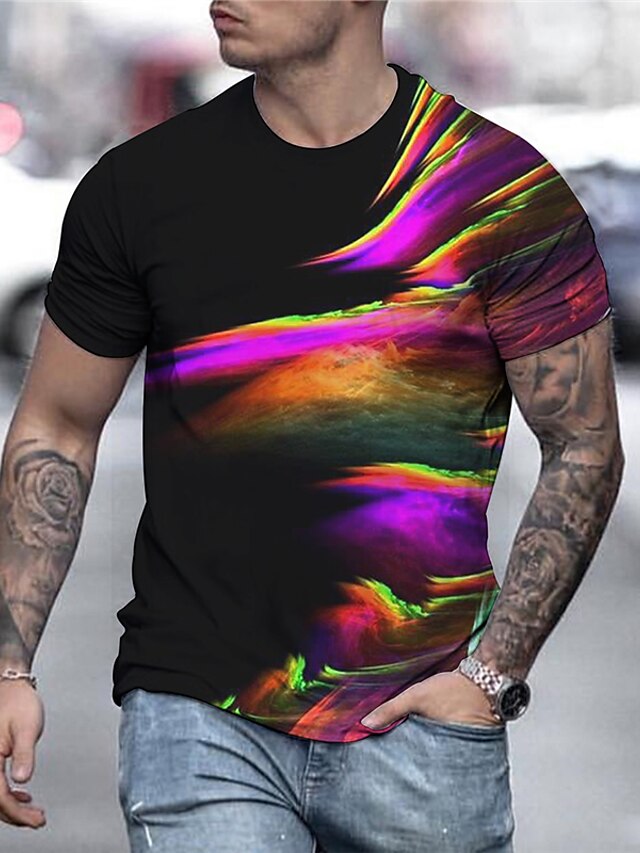 Men's Shirt T shirt Tee Graphic Rainbow Round Neck Custom Print Black ...