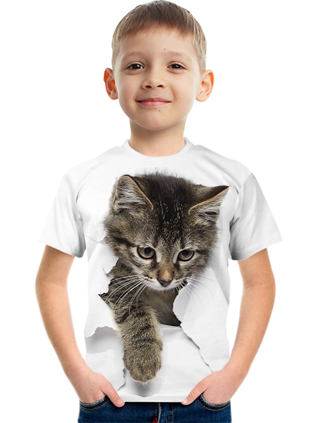  Kinder Jungen T-Shirt T-Shirt Kurzarm Katze Dinosaurier Grafik 3D-Druck Tier Schule Kinder Tops aktive weiße Katze hellweiße weiße Katze