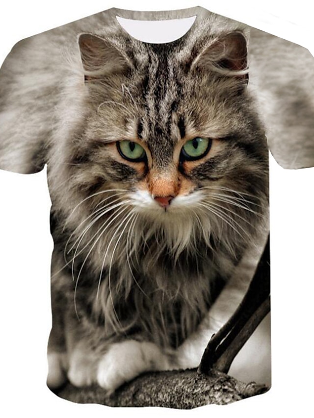  Męskie Podkoszulek Koszula Koszulki Graficzny Zwierzę Kot 3D Okrągły dekolt Niebieski Khaki Szary Druk 3D Wydarzenie / impreza w pomieszczeniach Krótki rękaw Nadruk Odzież Szykowne i nowoczesne