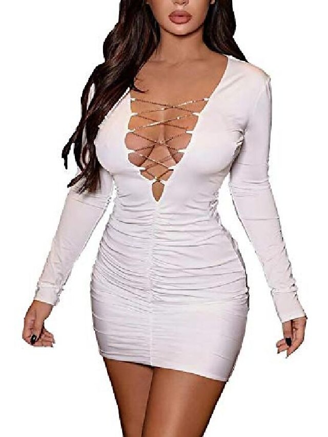  Women's Elegant Sexy Club Dress Lace Up Deep V Neck Ruched Long Sleeve Bodycon Party Mini Dresses