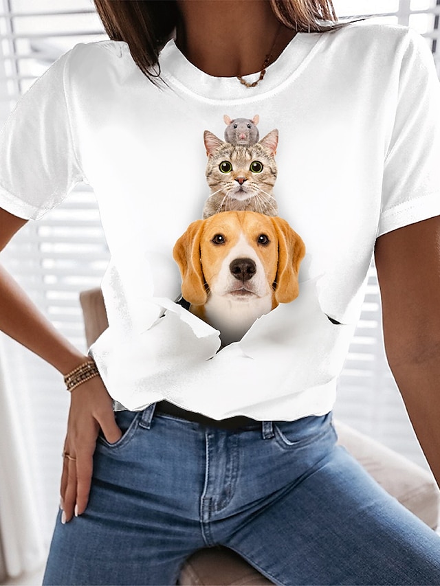  Women's Cat Dog 3D Casual Daily Weekend 3D Cat Short Sleeve T shirt Tee Round Neck Print Basic Essential Tops White S