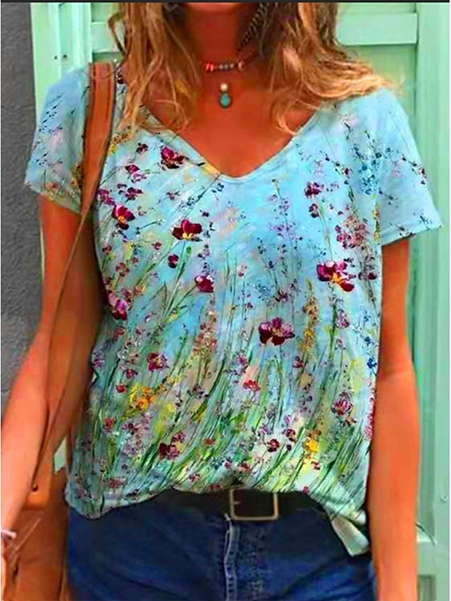  Damen T Shirt Blumen Graphic Täglich T Shirt Kurzarm Bedruckt V Ausschnitt Basic locker Grün Blau Gelb S / 3D-Druck