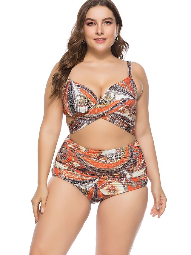 Womens Clothing Womens Swimwear | Womens Swimwear Bikini 2 Piece Plus Size Swimsuit High Waist Push Up for Big Busts Print Pictu