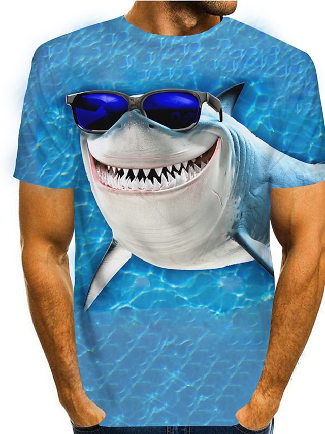  Herre Skjorte T-shirt T-Shirts Dyr Haj Grafiske tryk Rund hals Blå 3D-udskrivning Daglig Ferie Kortærmet Trykt mønster Tøj Designer Afslappet Stor og høj