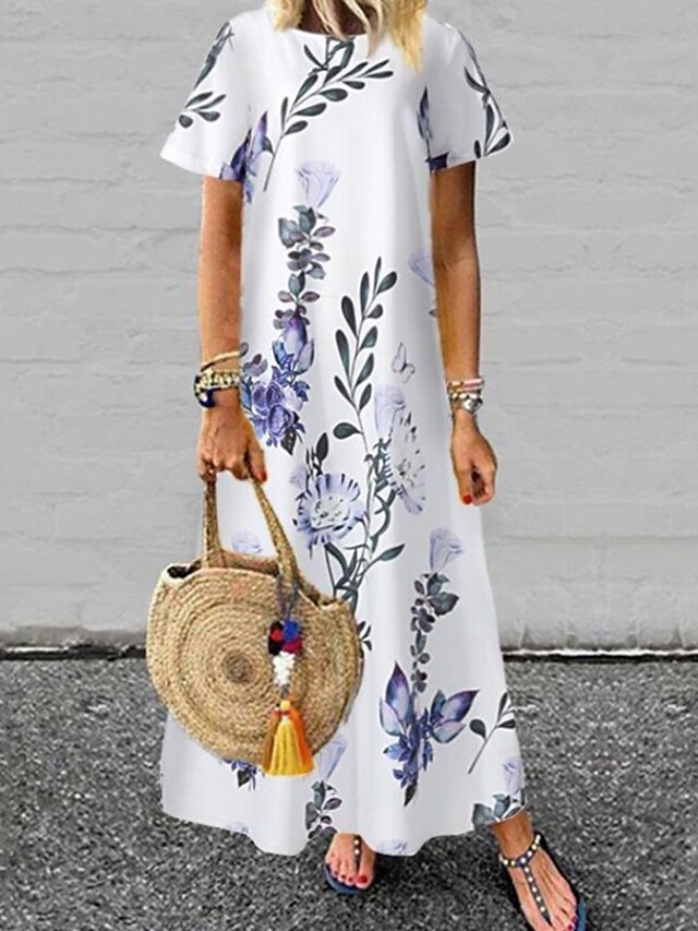 Womens Clothing Womens Dresses | Womens A Line Dress Maxi long Dress Blue White Yellow Short Sleeve Floral Tie Dye Print Summer 