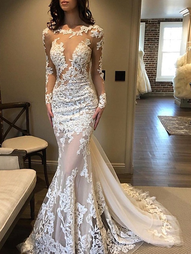  Engagement Formal Wedding Dresses Mermaid / Trumpet Jewel Neck Long Sleeve Court Train Lace Bridal Gowns With Pleats Appliques 2024