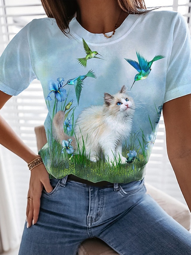  Women's Cat Graphic Patterned 3D Daily Weekend Butterfly 3D Cat Painting Short Sleeve T shirt Tee Round Neck Print Basic Essential Tops Green Blue Light Blue S / 3D Print