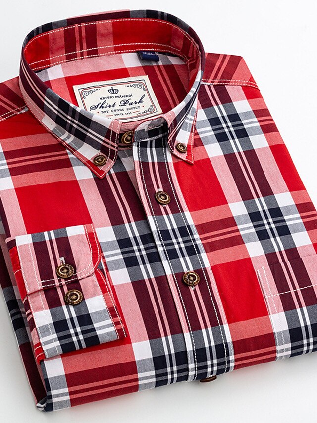 Men's Dress Shirt Plaid Shirt Button Down Shirt Collared Shirt B C D E Long Sleeve Plaid / Check