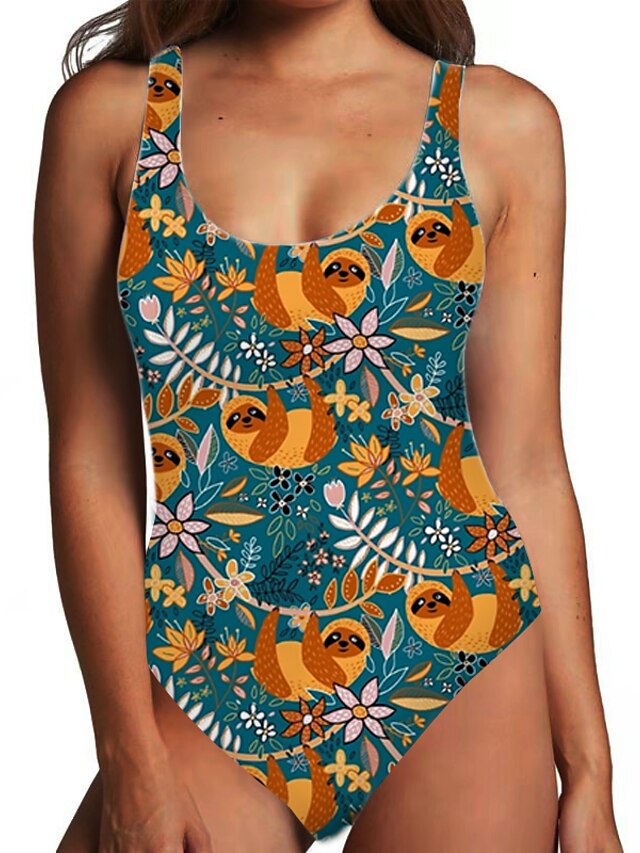  Women's Swimwear One Piece Monokini Swimsuit Tummy Control Print Tropical Leaf Blue Swimwear Bodysuit Strap Bathing Suits New Fashion Sexy / Animal / Padless