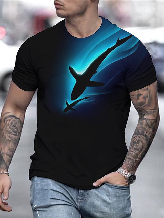  Shark Casual Mens 3D Shirt | Black Summer Cotton | Men'S Tee Funny Shirts Animal Graphic Prints Round Neck 3D Daily Holiday Short Sleeve Clothing