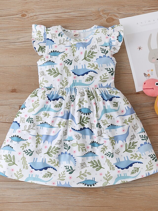 Baby & Kids Girls Clothing | Toddler Little Girls Dress Rainbow Dinosaur A Line Dress Daily Vacation Print White Knee-length Sle