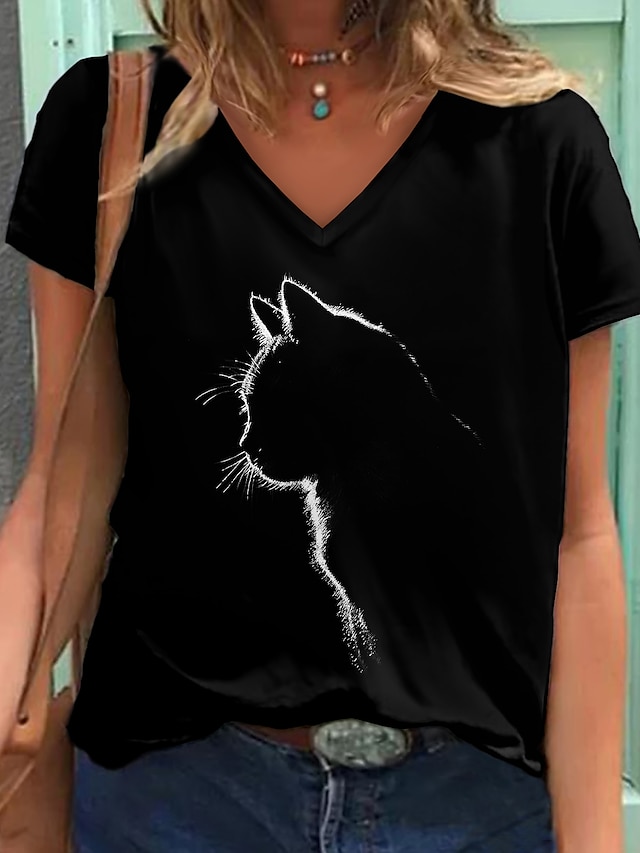  Dame T skjorte Svart Grafisk Katt Trykt mønster Kortermet Daglig Helg Grunnleggende V-hals Normal 3D Cat S