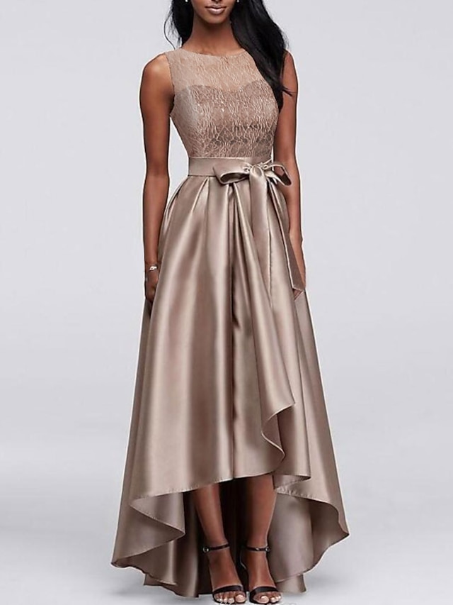  A-Line Mother of the Bride Dress Elegant Jewel Neck Asymmetrical Satin Sleeveless with Bow(s) 2022
