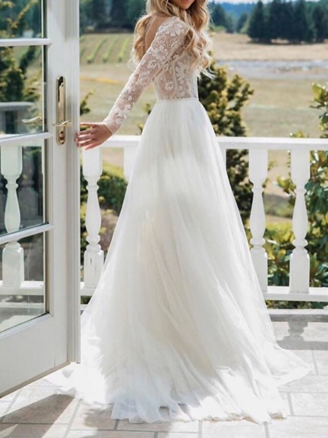  Beach Open Back Wedding Dresses Sweep / Brush Train A-Line Long Sleeve V Neck Polyester With Lace Embroidery 2023 Spring & Summer Bridal Gowns