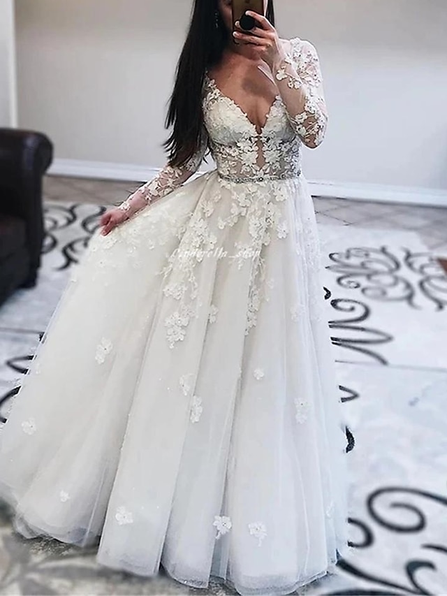  A-Line Wedding Dresses V Neck Floor Length Lace Tulle Long Sleeve Country Romantic Luxurious Sparkle & Shine with Crystals Appliques 2022
