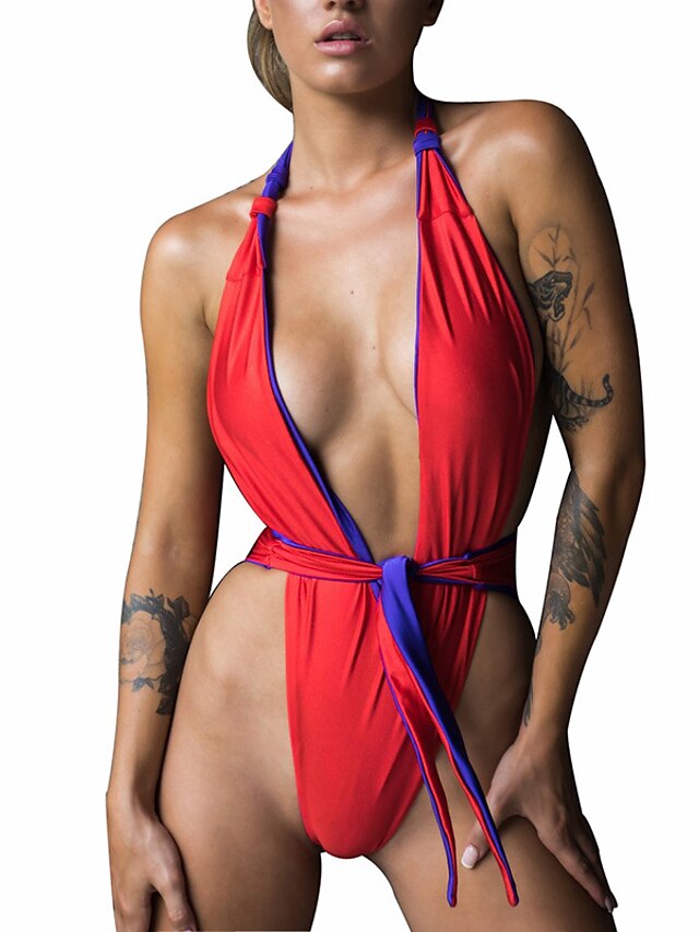 Womens Clothing Womens Swimwear | Womens Swimwear One Piece trikini Swimsuit Strappy Halter Wrap Solid Colored Light Blue Green 