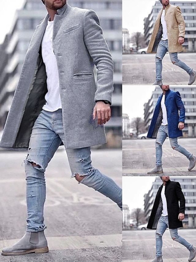  Men's Overcoat Trench Coat Winter Long Woolen Solid Colored Overcoat Classic Style Work Daily Warm Black Khaki Gray