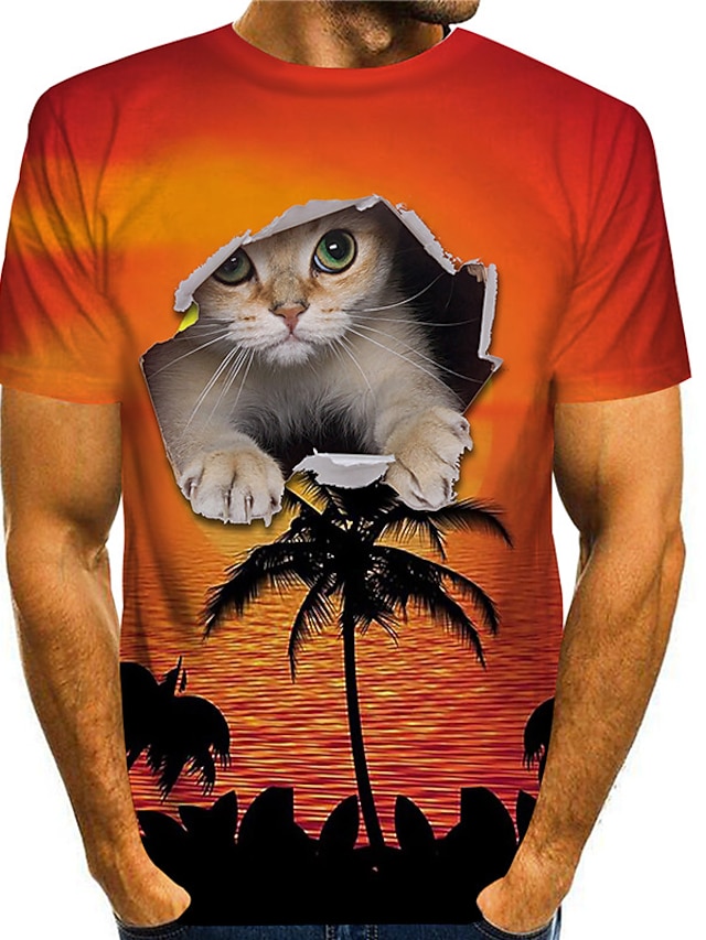 Homme Animal Chat Imprimés Photos Chemise T shirt Tee Manche Courte T
