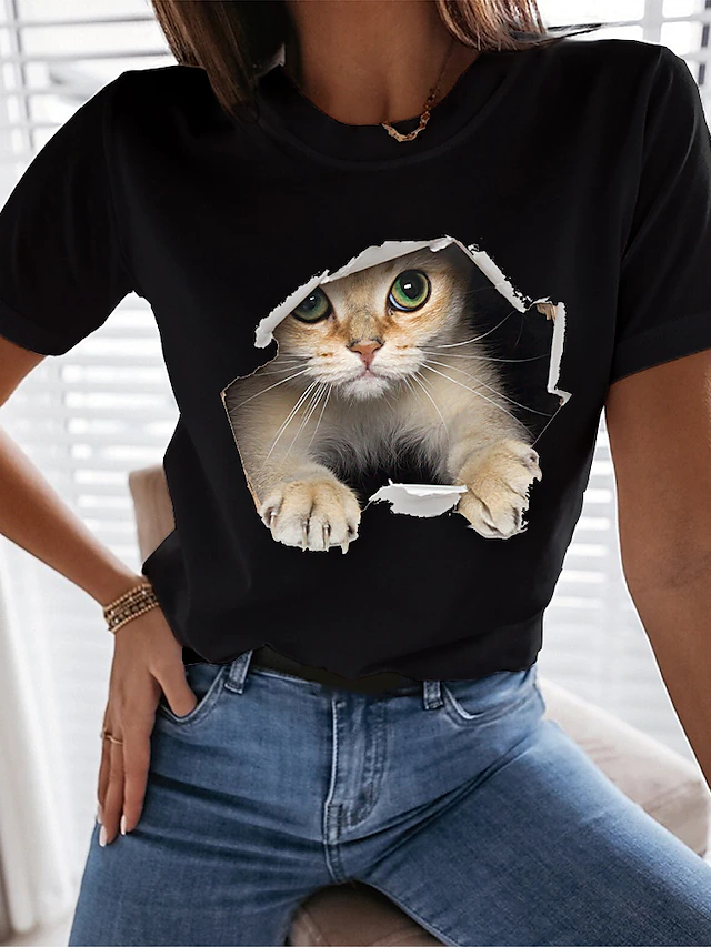 Women's T shirt Tee 100% Cotton Funny Tee Shirt Black White Graphic Cat ...