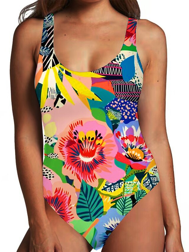  Women's Swimwear One Piece Monokini Swimsuit Tummy Control Print Floral Color Block Yellow Bodysuit Strap Bathing Suits New Fashion Sexy / Tropical / Padless