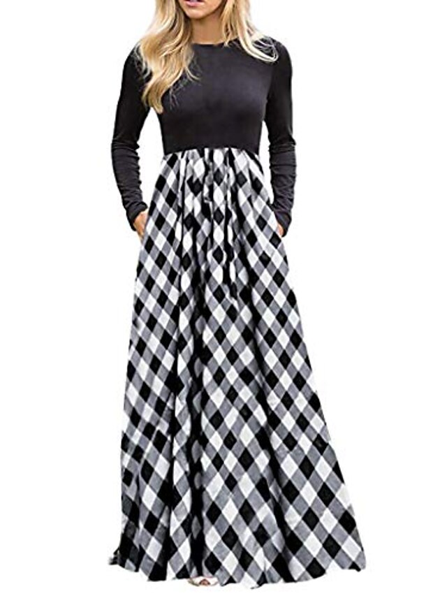 Womens Clothing Womens Dresses | Womens Loose Maxi long Dress White color Red Long Sleeve Plaid / Check Color Block Spring Color