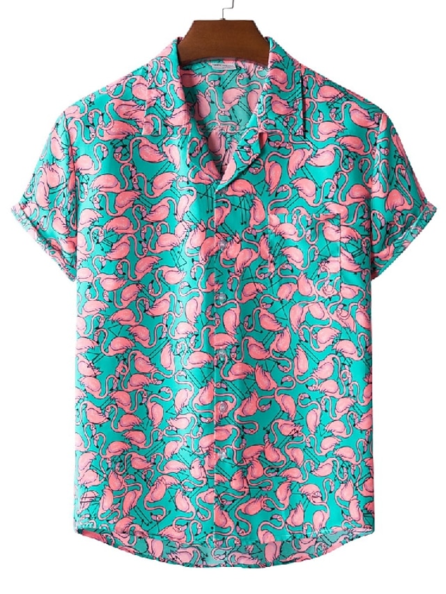  Men's Summer Hawaiian Shirt Shirt Print Graphic Patterned Flamingo Hawaiian Aloha Design Classic Collar Casual Holiday Print Short Sleeve Tops Designer Tropical Hawaiian Beach Black / White Green Gray