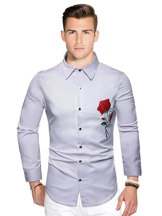 Mens Clothing Mens Shirts | Mens Shirt Floral Solid Colored Square Neck Daily Work Embroidered Long Sleeve Slim Tops Business Ba