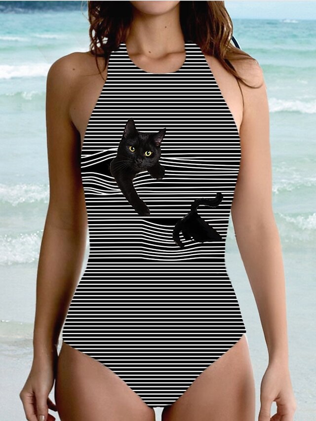  Women's Swimwear One Piece Monokini Normal Swimsuit Halter Tummy Control 3D Print Animal Cat Black Strap Bathing Suits New Sexy