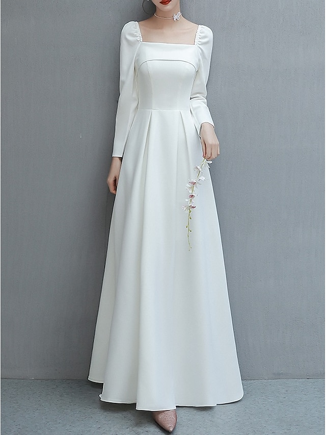 A-Line Wedding Dresses Square Neck Floor Length Satin Long Sleeve ...