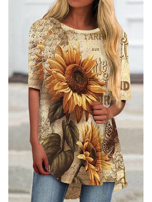 Womens Clothing Womens Dresses | Womens T Shirt Dress Tee Dress Short Mini Dress White Khaki Yellow Beige Half Sleeve Floral Pri