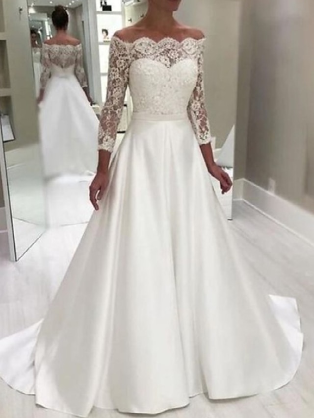  Engagement Formal Wedding Dresses Ball Gown Off Shoulder Long Sleeve Court Train Satin Bridal Gowns With Beading Appliques 2024