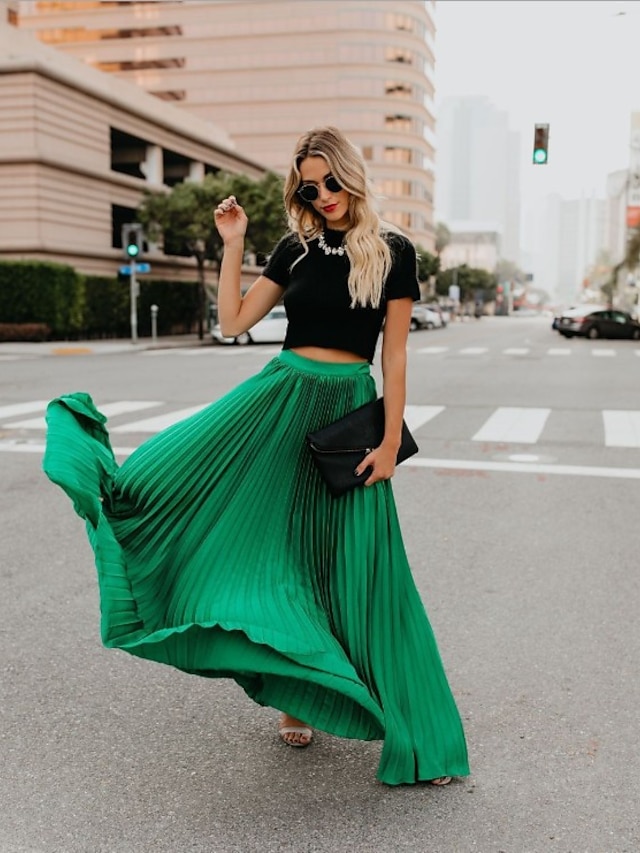  Women's Fashion Long Summer Swing Skirts Holiday Vacation Solid Colored Pleated Green Black Pink S M L / Maxi