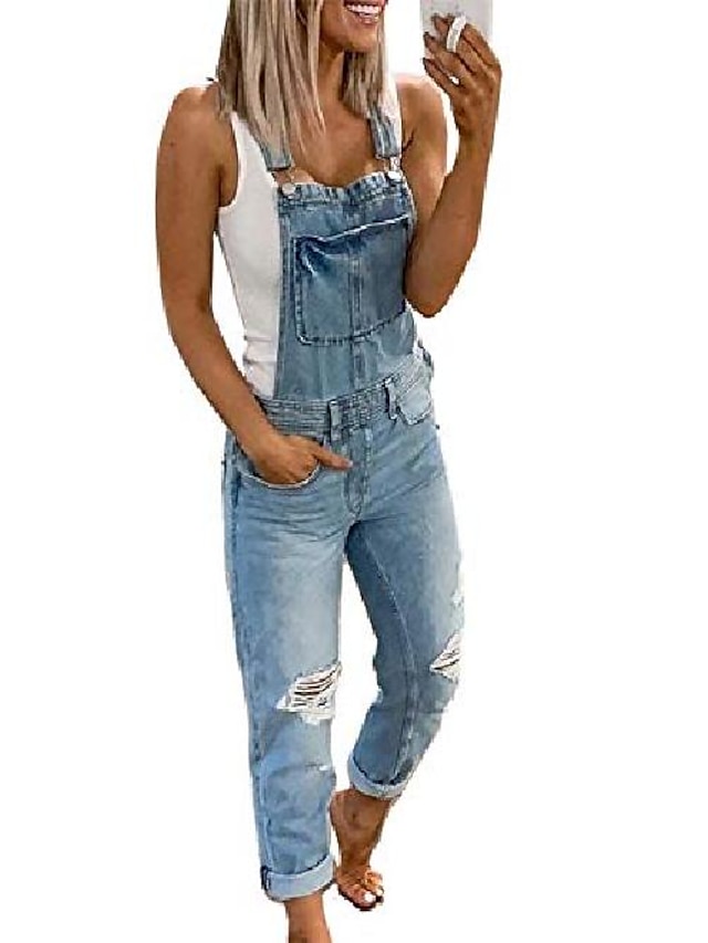  Denim Jumpsuit for Women Overall Utility Active Casual Street Daily Wear U Neck 2023 Light Blue Camouflage Gray  Solid Color