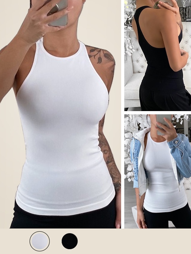  Camiseta de tirantes ajustada de punto acanalado para mujer, cuello redondo, color sólido, sin mangas, sencillo, diario, cómodo, sexy top