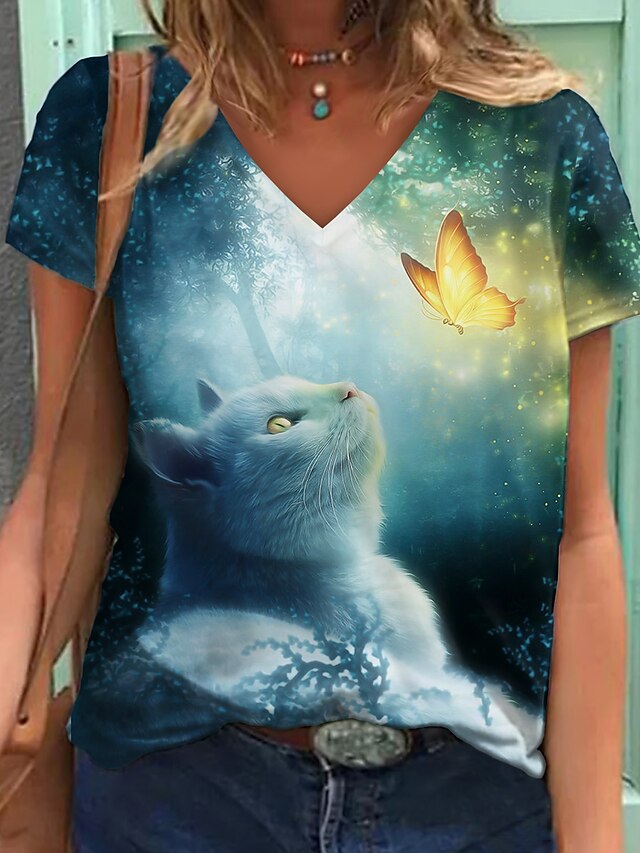  Naisten T-paita Apila Kuvitettu Kissa Painettu Lyhythihainen Päivittäin Viikonloppu Perus V kaula-aukko Normaali 3D Cat S