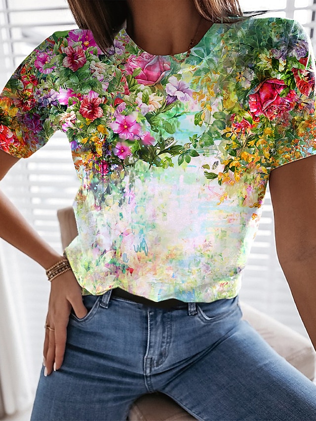  Women's Floral Graphic Patterned 3D Daily Weekend Floral Painting Short Sleeve T shirt Tee Round Neck Print Basic Essential Tops White Blue Purple S / 3D Print