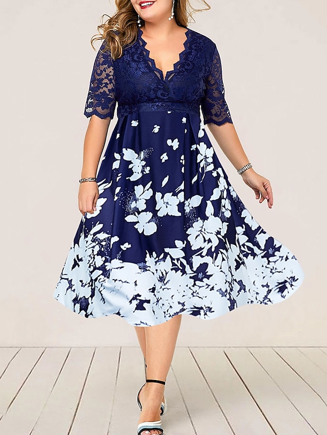  Women's Plus Size Curve Party Dress Lace Dress Floral V Neck Lace Half Sleeve Fall Spring Work Vintage Midi Dress Daily Dress Homecoming Dress Print