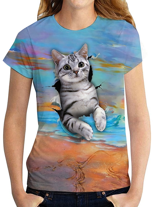  Dam 3D Cat T-shirt Katt Grafisk 3D Tryck Rund hals Grundläggande Blast Blå