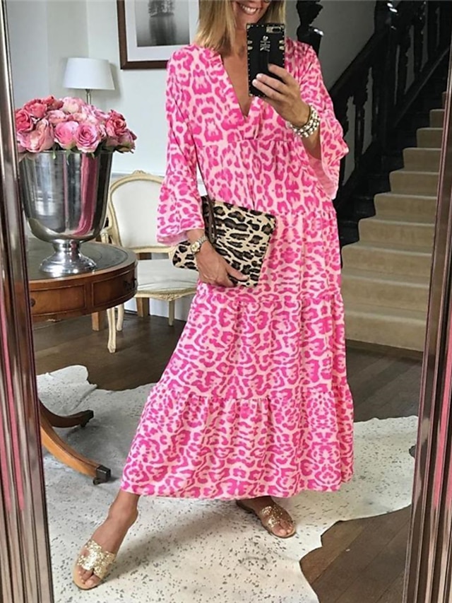 Womens Clothing Womens Dresses | Womens Swing Dress Maxi long Dress Pink 3/4 Length Sleeve Animal Print Spring Summer V Neck Boh