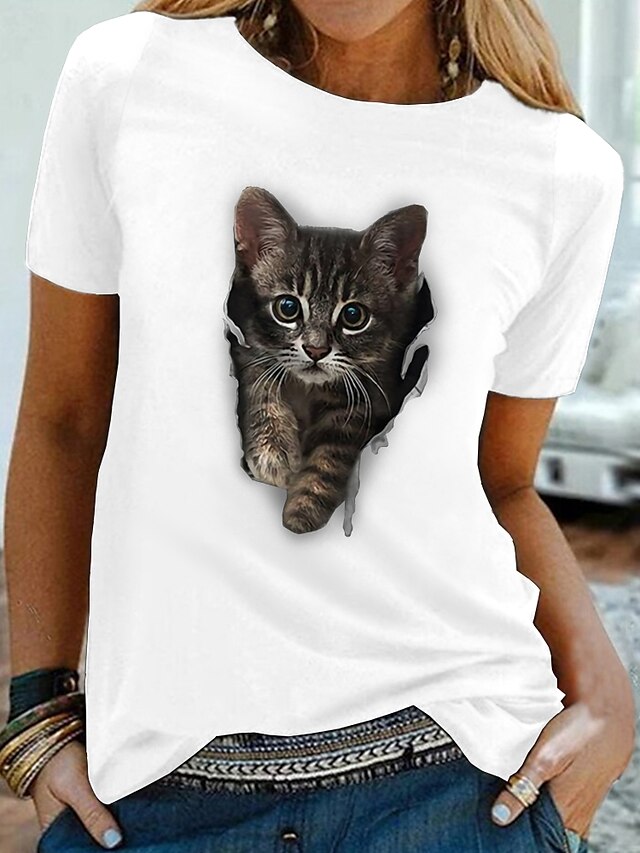  Γυναικεία Μπλουζάκι Γάτα Γραφική 3D Στάμπα Στρογγυλή Λαιμόκοψη Άριστος 100% Βαμβάκι Βασικό Βασική κορυφή Λευκό Μαύρο