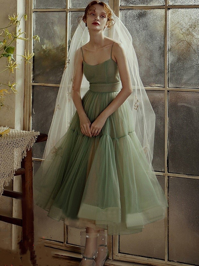  גזרת A שמלות נשף אלגנטית שמלה אורחת חתונה יום הולדת באורך הקרסול ללא שרוולים רצועות ספגטי טול עם סרט קפלים 2024