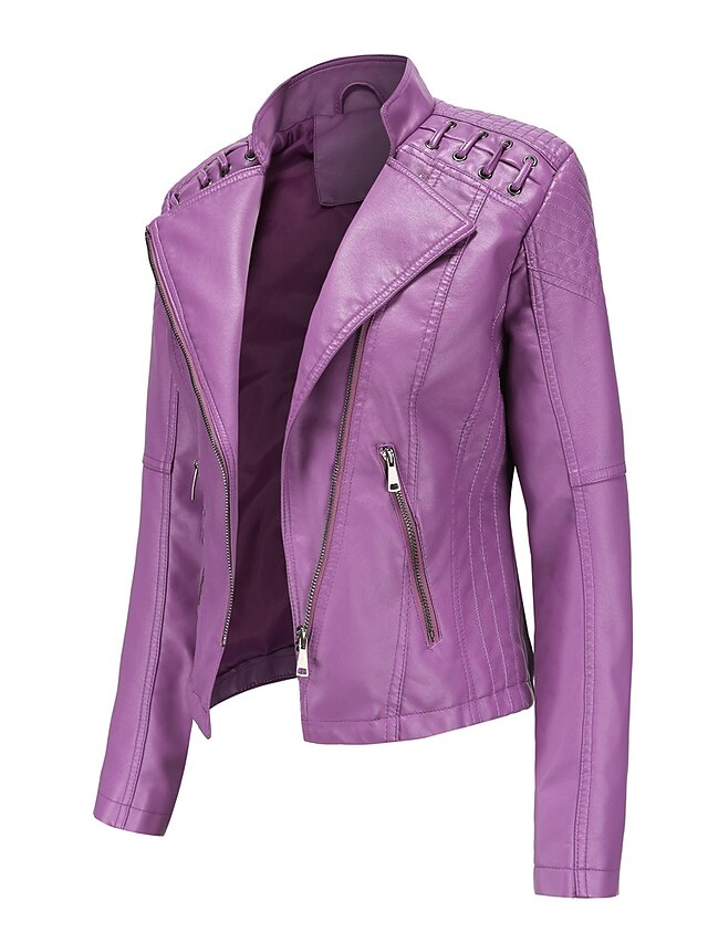 Women's Faux Leather Jacket Windproof Shopping with Pockets Full Zip ...